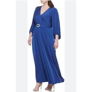 Eliza J Rhinestone Belted Jersey Blue Evening Gown Dress
